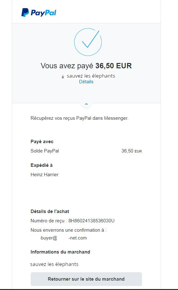 écran PayPal - confirmation de paiement